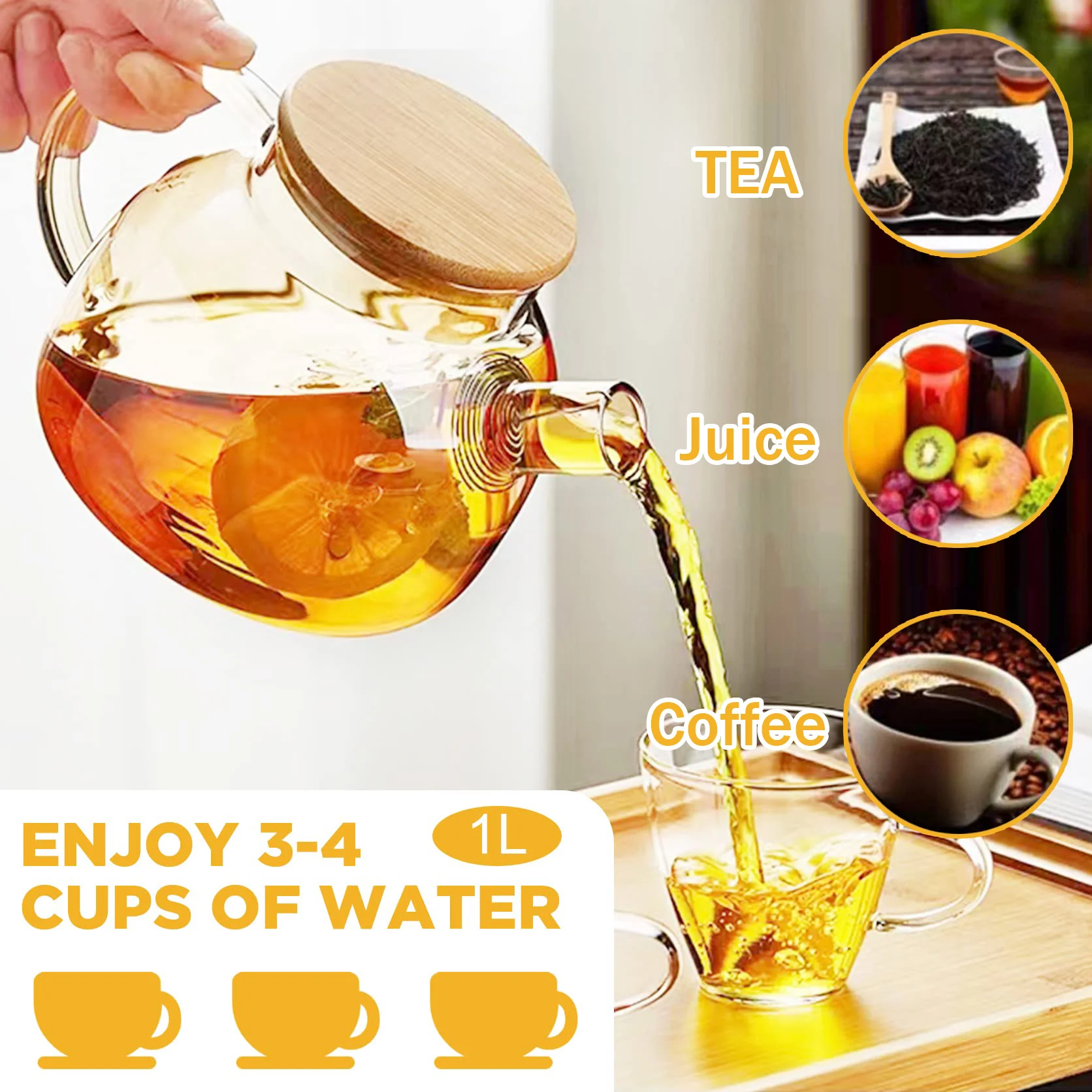 Glass Teapot,Home Stovetop Coffee Kettle,1L Heatproof Borosilicate Glass,With Bamboo Lid Removable Filter Spout,for Lemonade