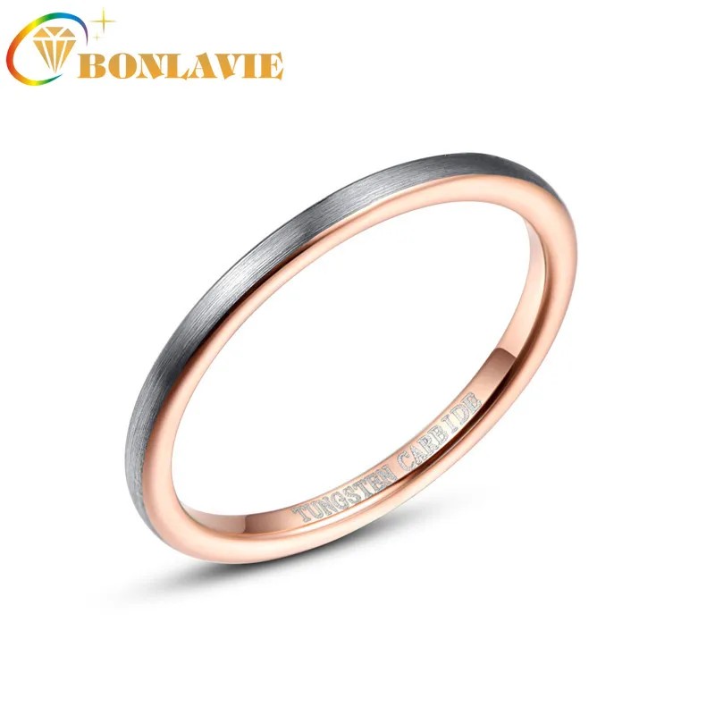 BONLAVIE 2mm Tungsten Carbide Ring Surface Brushed Inner Circle Rose Gold Steel Ring Thin Women's Anniversary Wedding Bang Rings