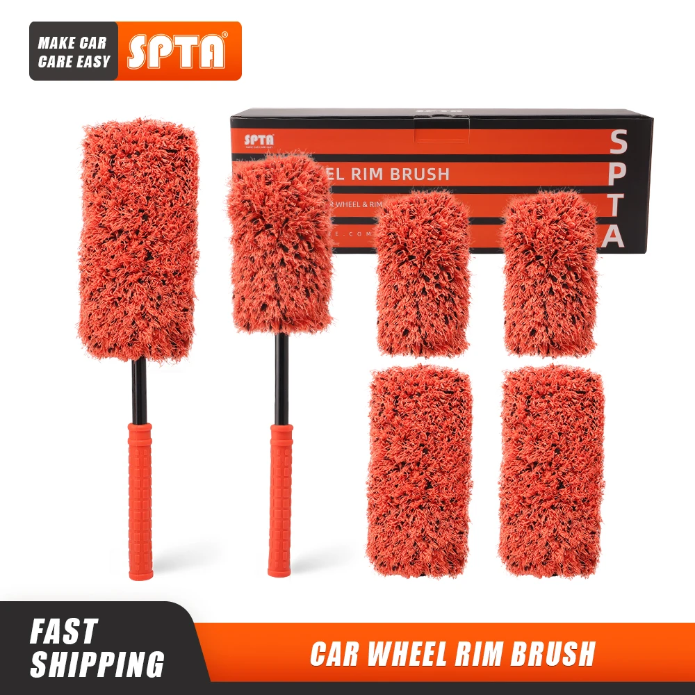 SPTA 2pcs Car Wash Microfiber Premium Wheels Brush Set with 4pcs Replacement Easy To Cleaning Barrels Spoked Rims