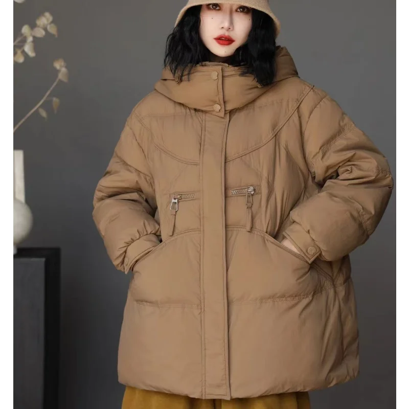 여성용 중간 길이 다운 겨울 신상 패션 출퇴근용 후드 재킷 - 다용도 오버사이즈 두꺼운 루즈 코트 - 트렌디