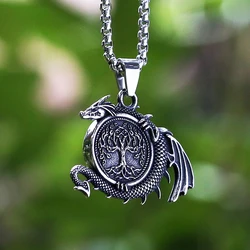 Viking 2022 New Dropshipping Men's 316L Stainless Steel Tree of Life With Dargon Pendant Necklace Animal Jewelry Boyfriend Gift