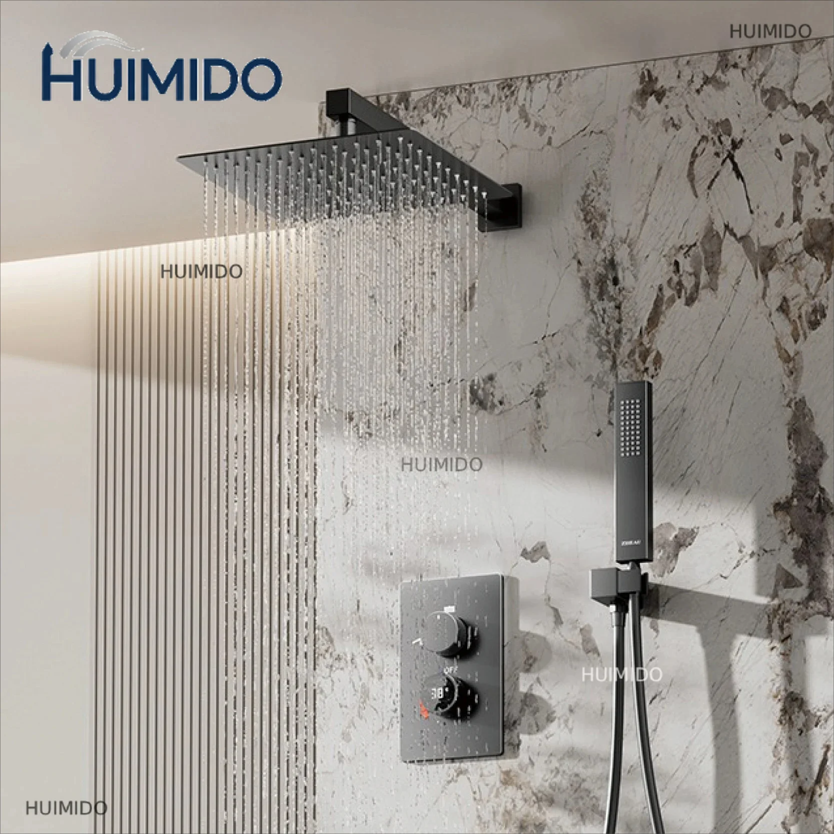 Brass Shower System，Sleek Wall-Mounted LED digital display，Hidden Anti-Scald Rainfall Mode Bathroom Mixer