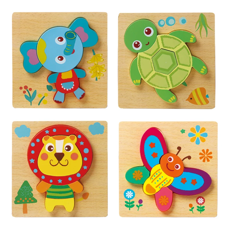 Petits animaux de dessin animé en bois stéréoscopiques pour enfants, puzzle tridimensionnel, éducation précoce, puzzle géométrique, jouets de planche