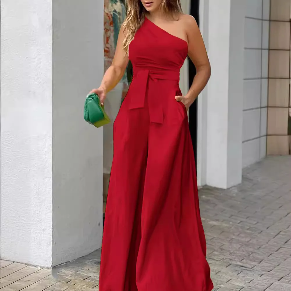 เสื้อผ้าผู้หญิงJumpsuitสีทึบLace-Upไม่สม่ําเสมอOff-The-Shoulder Casual Highเอวกว้างขาสุภาพสตรีJumpsuit