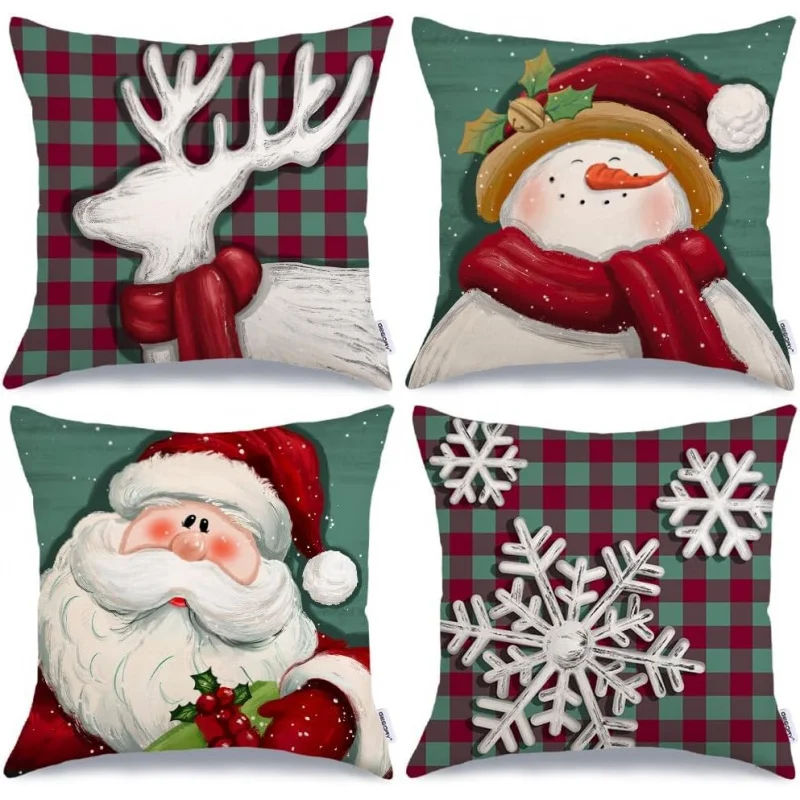 Christmas pillowcase 18x18 inches set of 4 snowmen reindeer snowflake green pillow covers