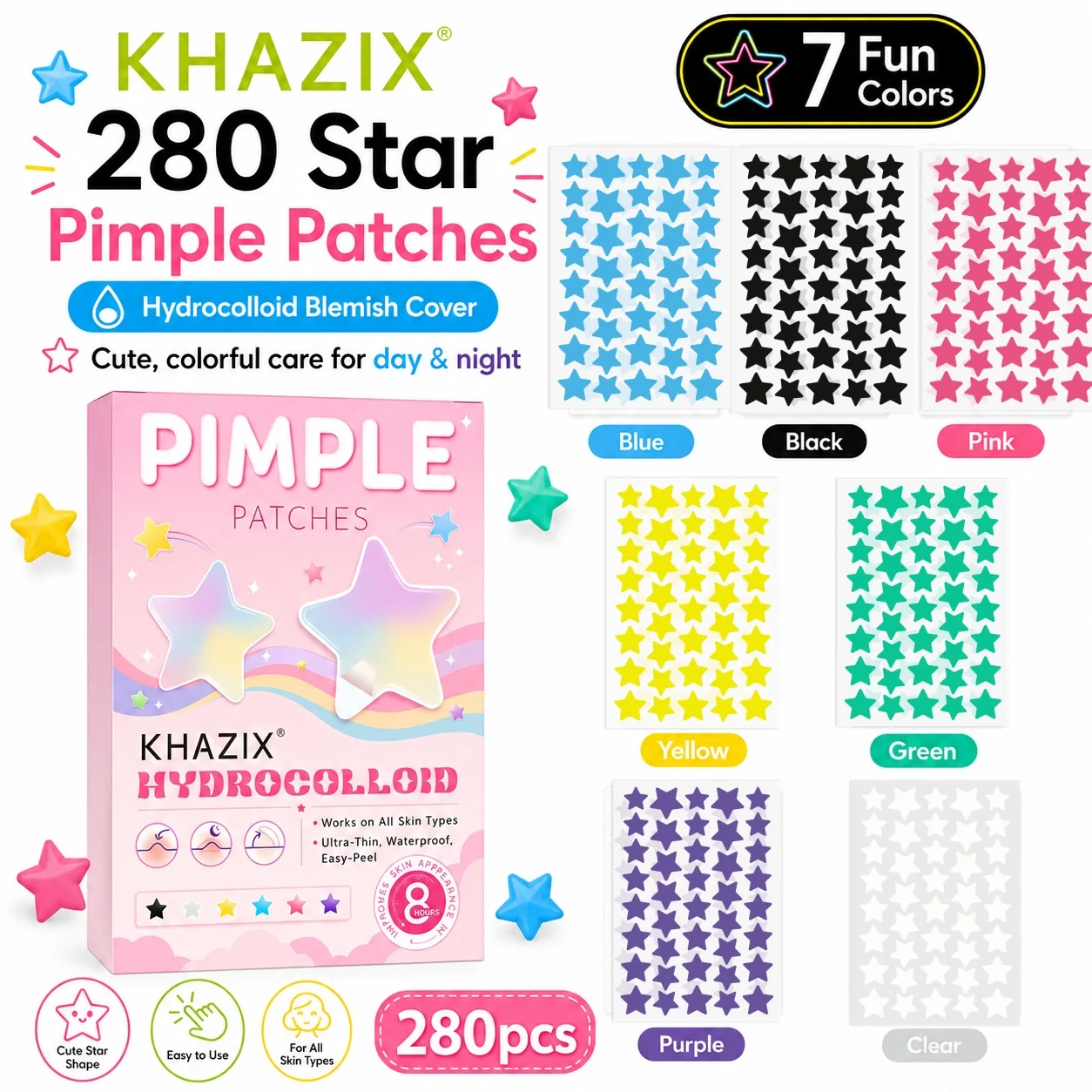 280 stickers - Colorful Star Pimple Stickers - Hydrogel Anti-Pimple Stickers - Invisible Anti-Pimple Stickers - Absorb and Repai