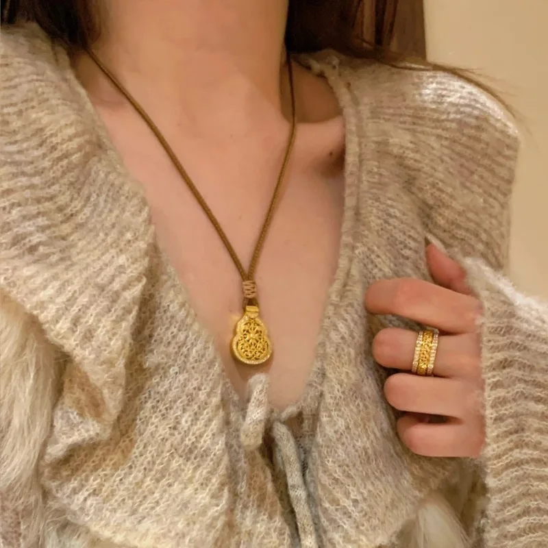 Retro ethnic style double-sided gourd woven rope necklace  openable Buddha statue antique gold crafts hollow out pendant jewelry view 3