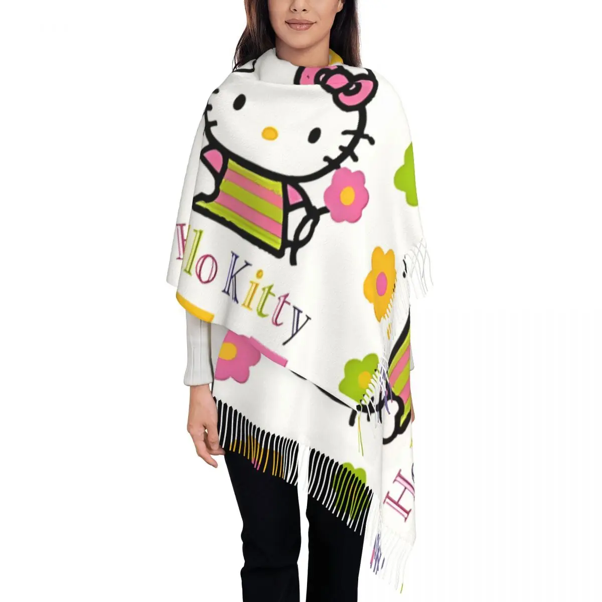 

Женский шарф с кисточкой, милый кавайный шарф «Hello Kitty», большая супер мягкая шаль, мультяшные подарки, кашемировый шарф