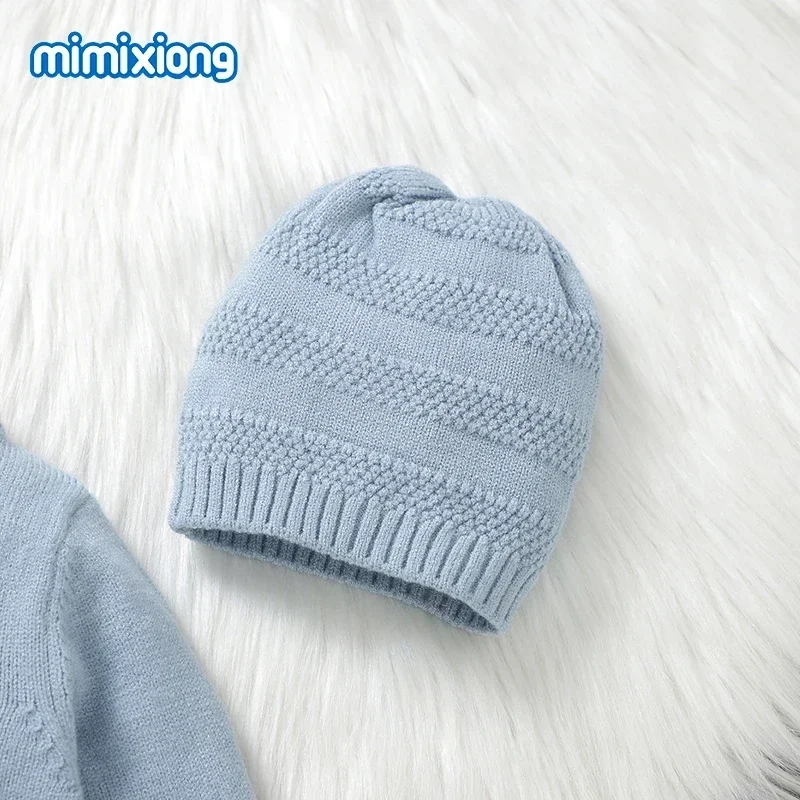 Baby Rompers Blue Long Sleeve Knit Set 0-9m Infant Jumpsuits Winter Wear Spring Autumn Newborn Boys Outwear Rompers Hats Clothes