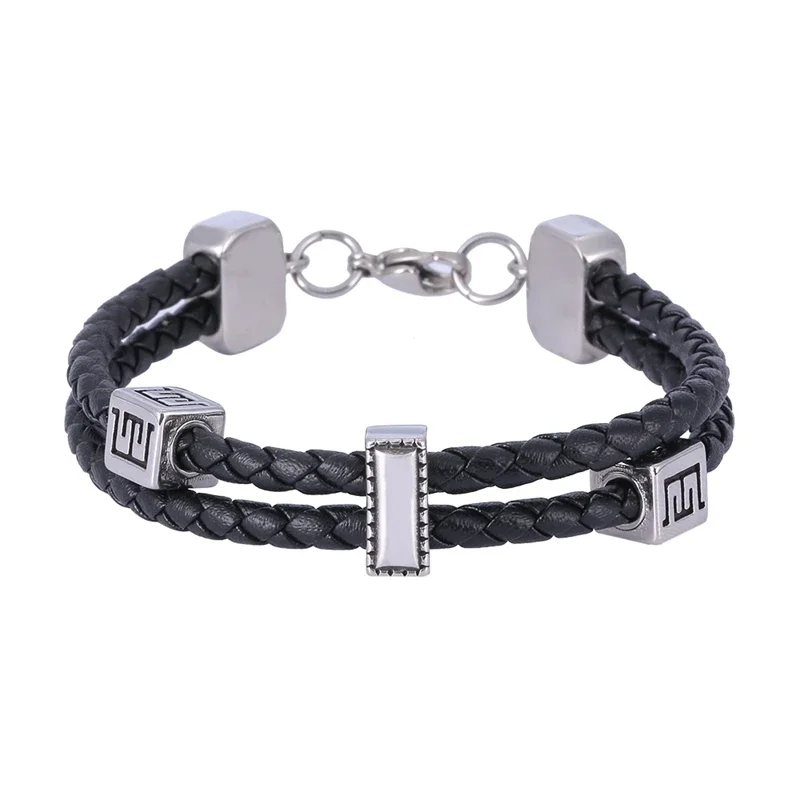 

Black Double Braided Leather Rope Bracelet Women Men Stainless Steel Charm Bangle Handmade Wristband Couples Jewelry Gift SP1157