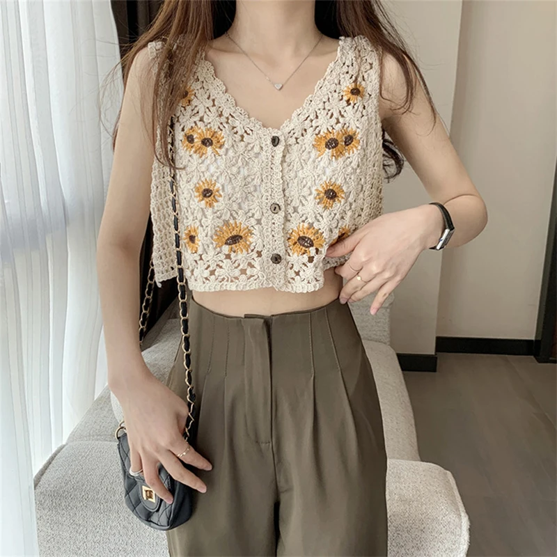 Women Knitted Hollow Out Embroidery Tank Top Summer Ethnic Style Retro Camisole