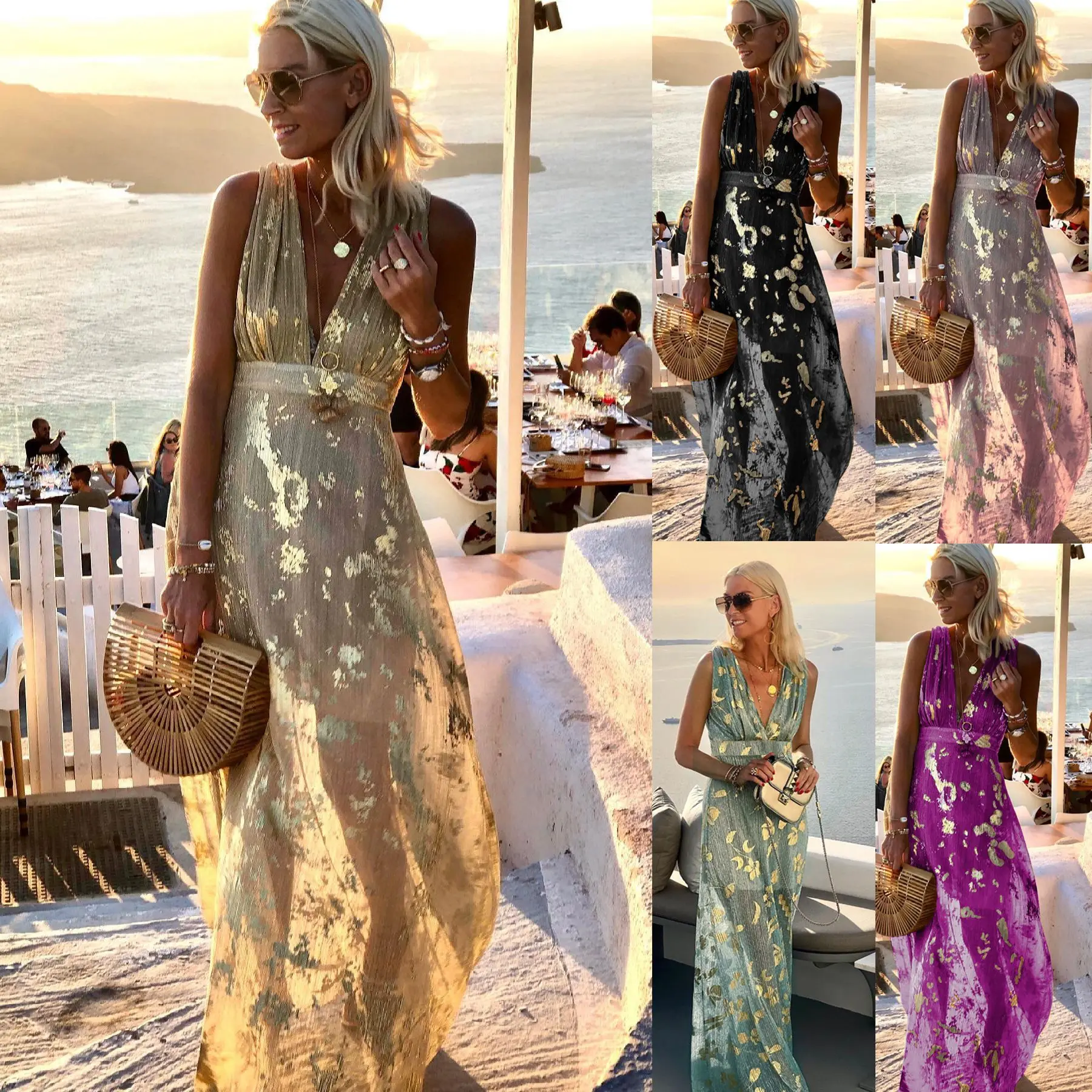 

Spring and Summer New Women's Fashion V-neck Hot Stamped Dress for Leisure Vacation Party Women's Dress with Large Swing