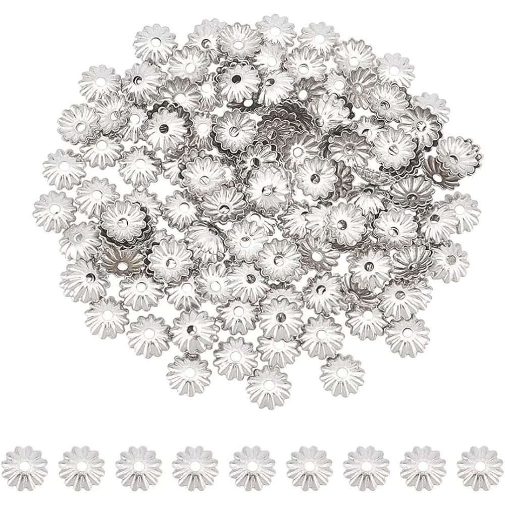 300 Pcs 5.5mm Long 304 Stainless Steel Multi-Petal Bead Caps Hollow Flower Cone Metal Filigree Bead Caps Spacer Flower End Caps