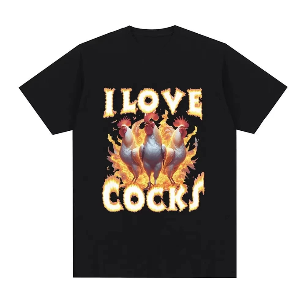 I Love Cocks Roosters Funny Meme T-shirt Chicken Lovers Short Sleeved T-shirt Women's Oversized T-shirt Street Clothing