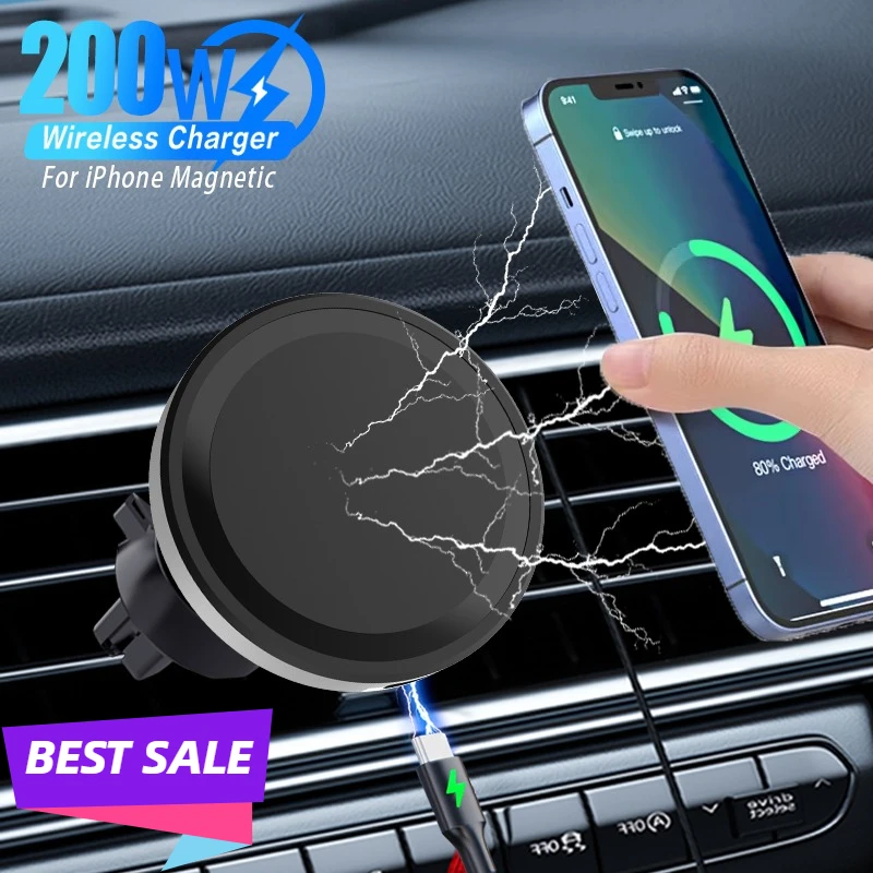 200W Magnetic Car Wireless Charger Air Vent Clip Phone Holder For Magsafe iPhone 17 16 15 14 13 12 P