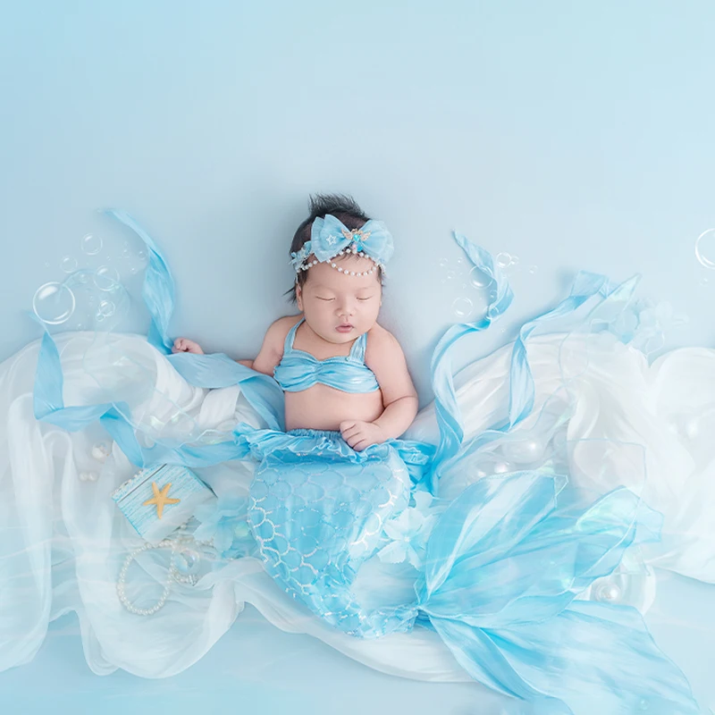 Tema marino Puntelli per fotografia neonato Abito da sirena per bambina Abito da festa di compleanno Puntelli di perle Accessori per riprese in studio per neonati