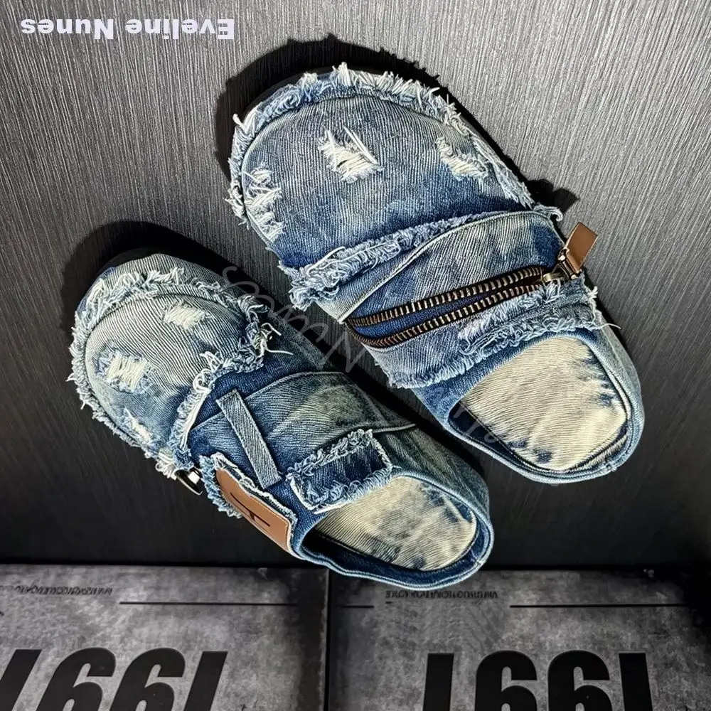 Distressed Washed Denim Slides Men Round Toe Slip On Platform Closed Toe Slides Unisex Y2K Vintage Street Casual Canvas Slippers