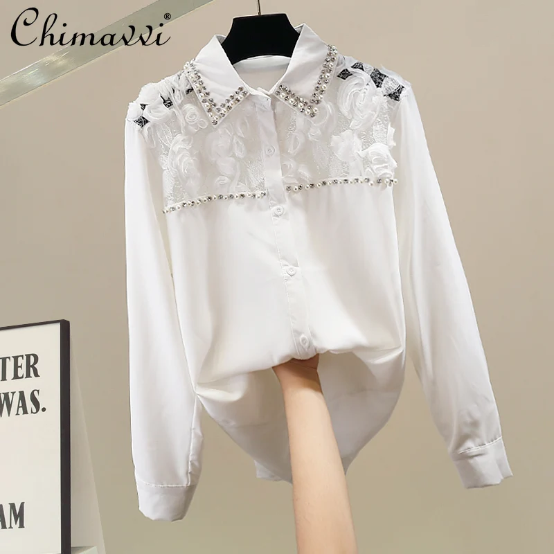 

Korean Fashion Heavy Lace Patchwork Rhinestone Shirt Spring and Autumn New Women's Loose Elegant Long Sleeve Blouse Shirt