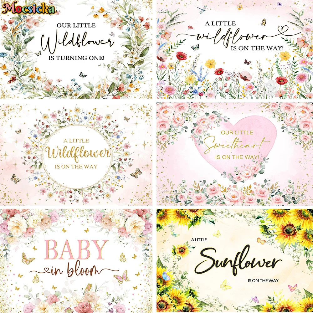 Telón de fondo para Baby Shower, fotografía para niña dulce, una pequeña flor silvestre está en el camino, Fondo de fiesta de cumpleaños, cabina rosa de mariposa