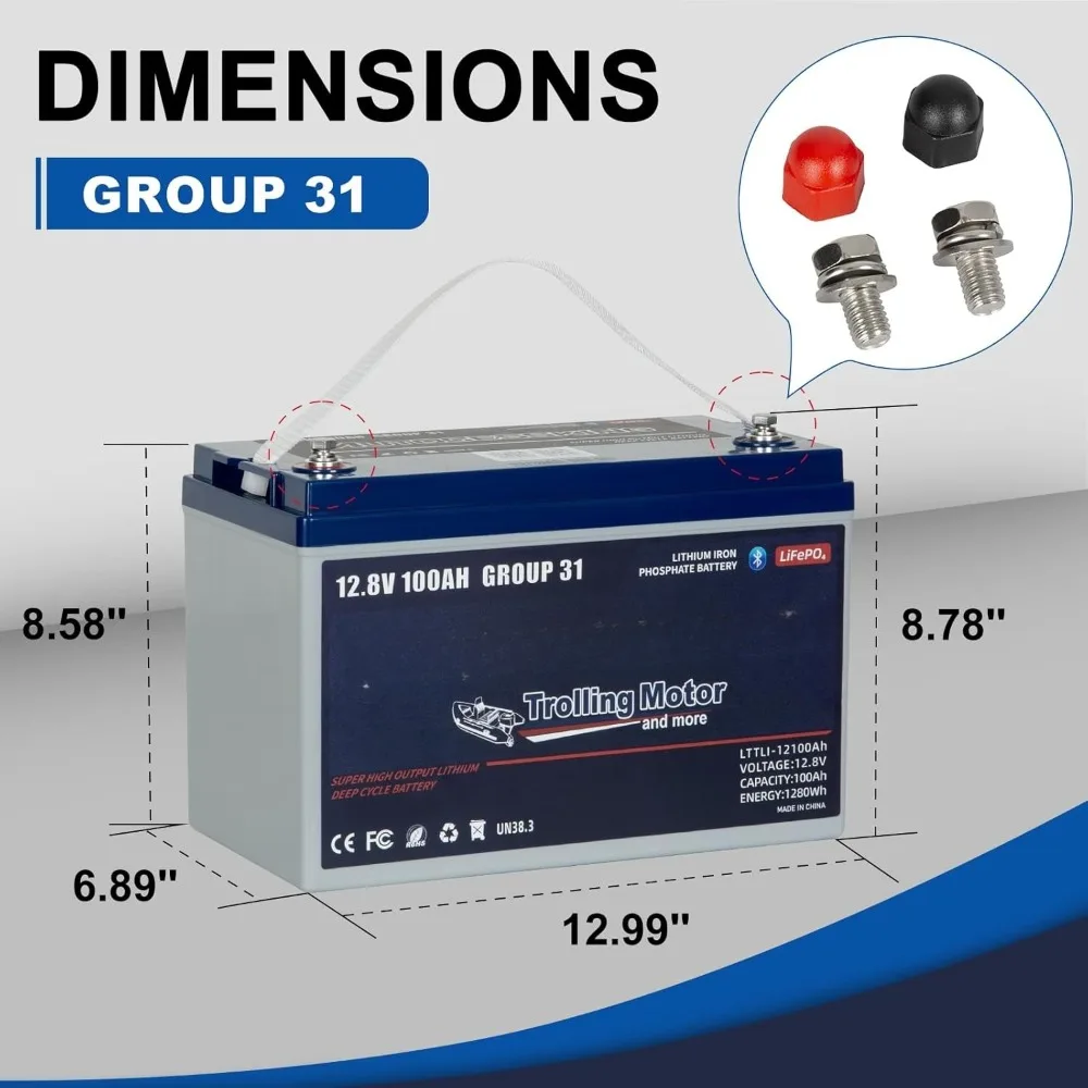 Batteria Bluetooth LiFePO4 per motore da traina 12V 100Ah, batteria al litio ricaricabile BCI Gruppo 31 BMS 120A con protezione a bassa temperatura,