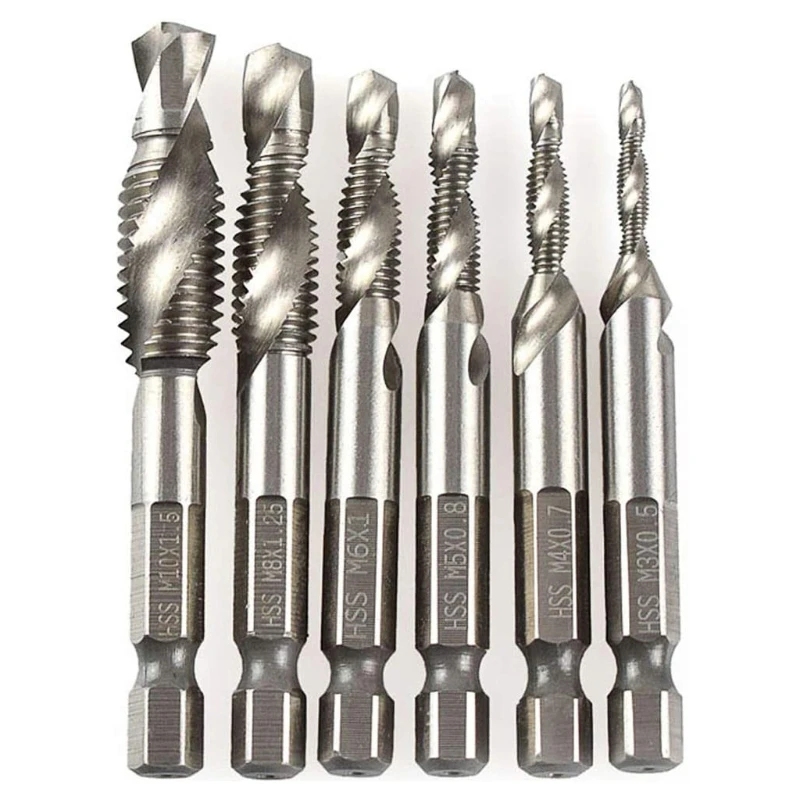 A2UD 6pcs M3-M10 Screw Tap Drill Bits HSS Taps Countersink Deburr Set Metric