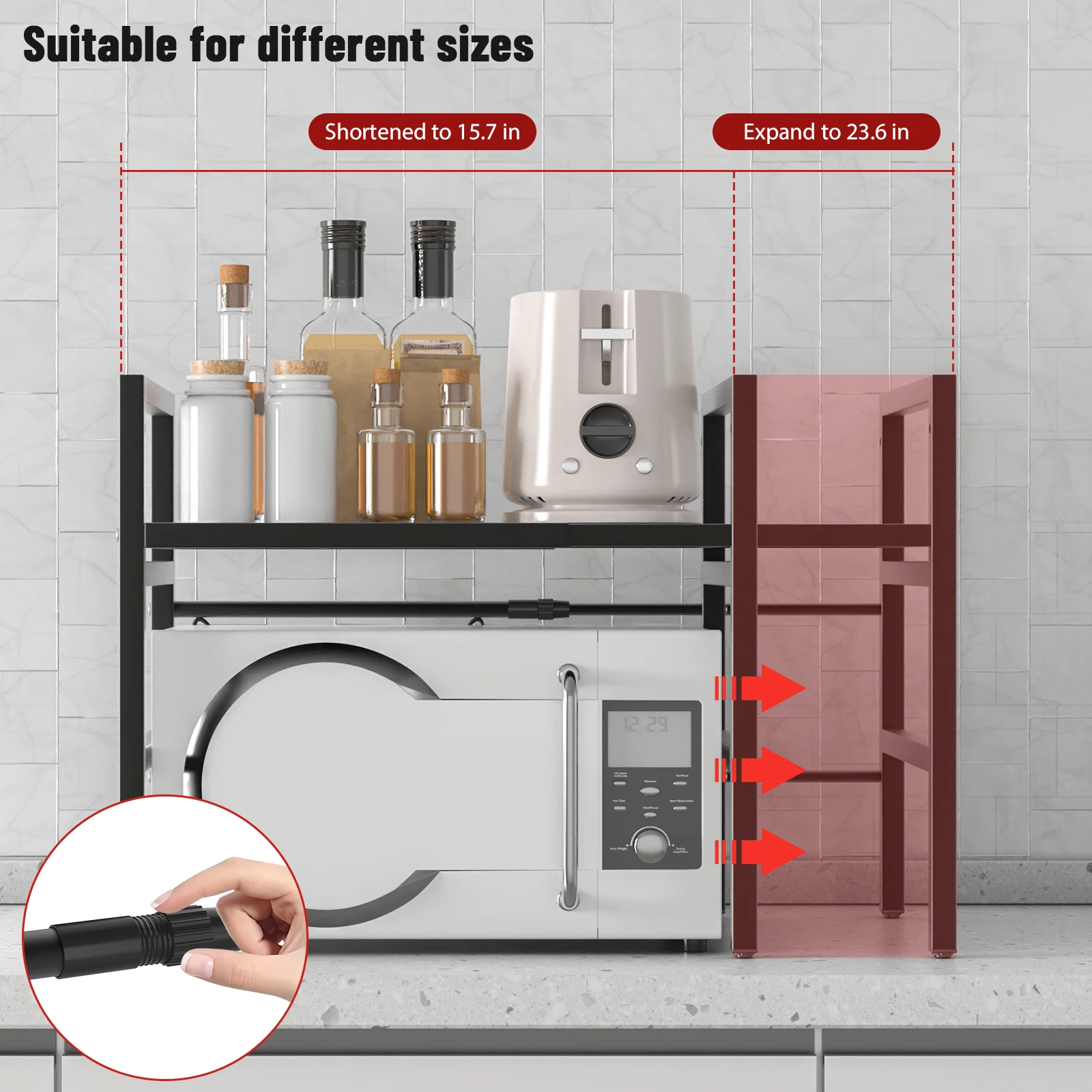 2-stufiger erweiterbarer Mikrowellenregalständer mit 6 Haken, längen-/höhenverstellbares Mikrowellenherdregal, freistehend, Kohlenstoffstahl – Detail 3