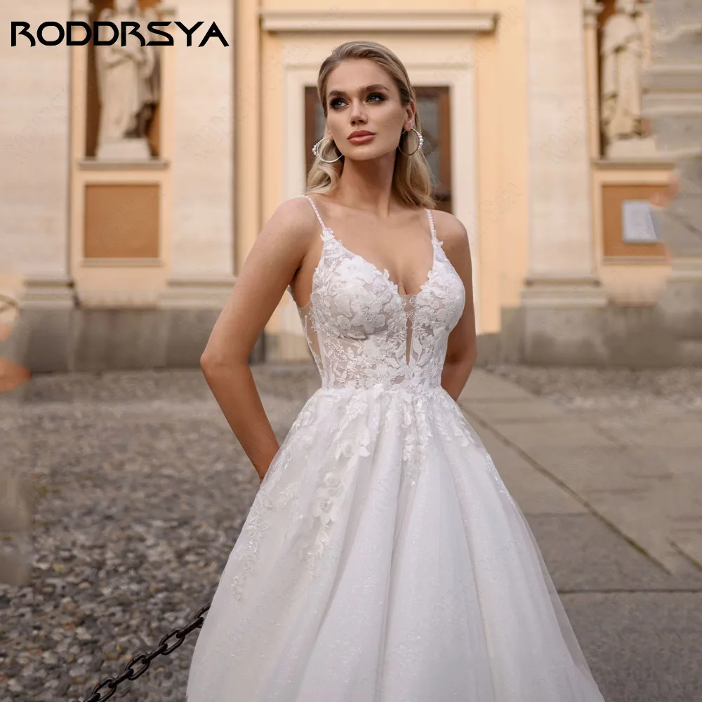 RODRSYA Boho Glitter Tulle Abiti da sposa Spaghetti Straps Backless V-Neck A-Line VRODDRSYA Boho Glitter Tulle abiti da sposa spalline senza spalline con scollo a v a-line Vestido De Novia abito da sposa 2024 su misura