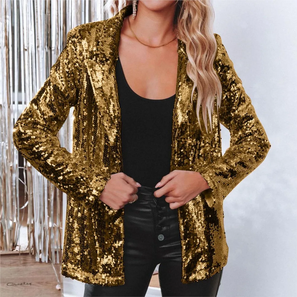 Women Golden Sequins Casual Long Sleeve Glitter Shiny Lapel Party Coat Outerwear Temperament Streetwear Autumn Spring Outwears