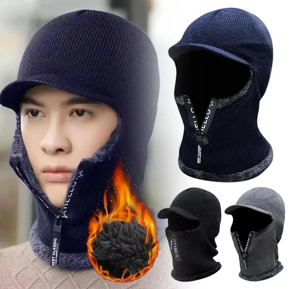 Thicken Warm Visor Beanies Hats For Men Ear Face Mask Neckwarmer Cap Men's Winter Plush Balaclava Lined Knitted Hat With Zi F7N2