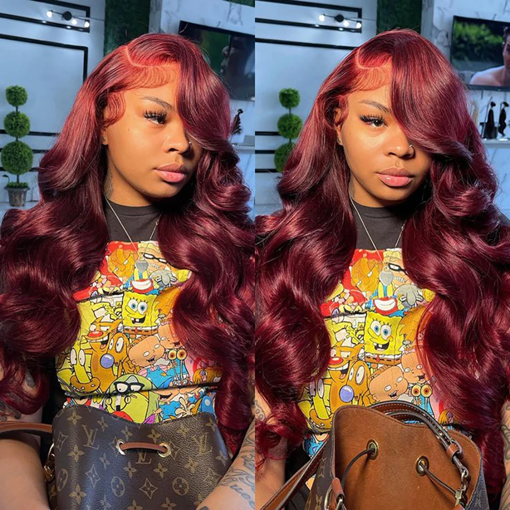 99J Burgundy Human Hair Wig For Women 30 Inch Body Wave 13x6 13x4 HD Lace Frontal Wig Red Colored Brazilian 4x4 Lace Closure Wig