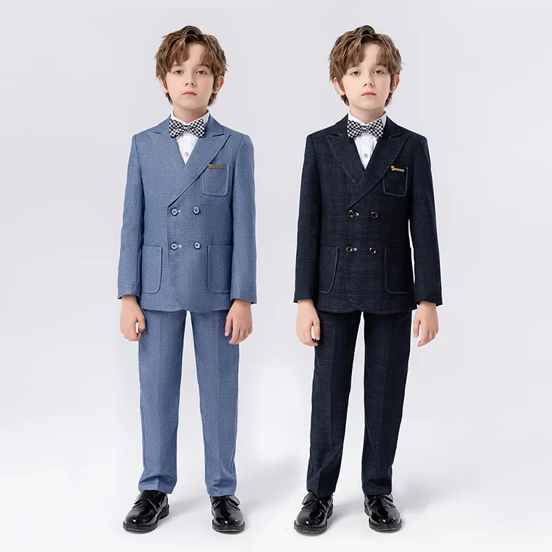 Boys Blue Slim Fit Suits Formal Wear Children Teenagers Groomsman Performance Host Clothes Kids Plaid Students Party Full Dress