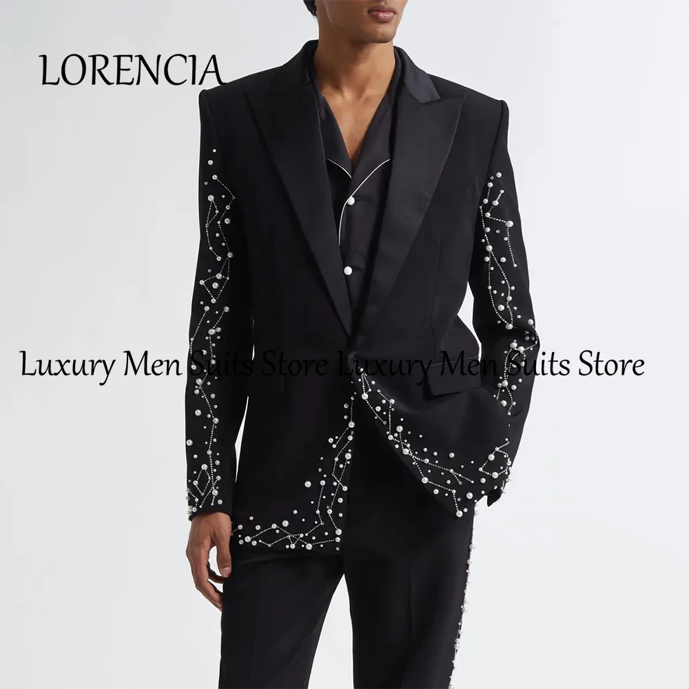 

Sparkly Pearls Suits for Male 2 Pieces Loose Peak Label Dinner Party Outfits Customized Blazer Pants traje juvenil masculino