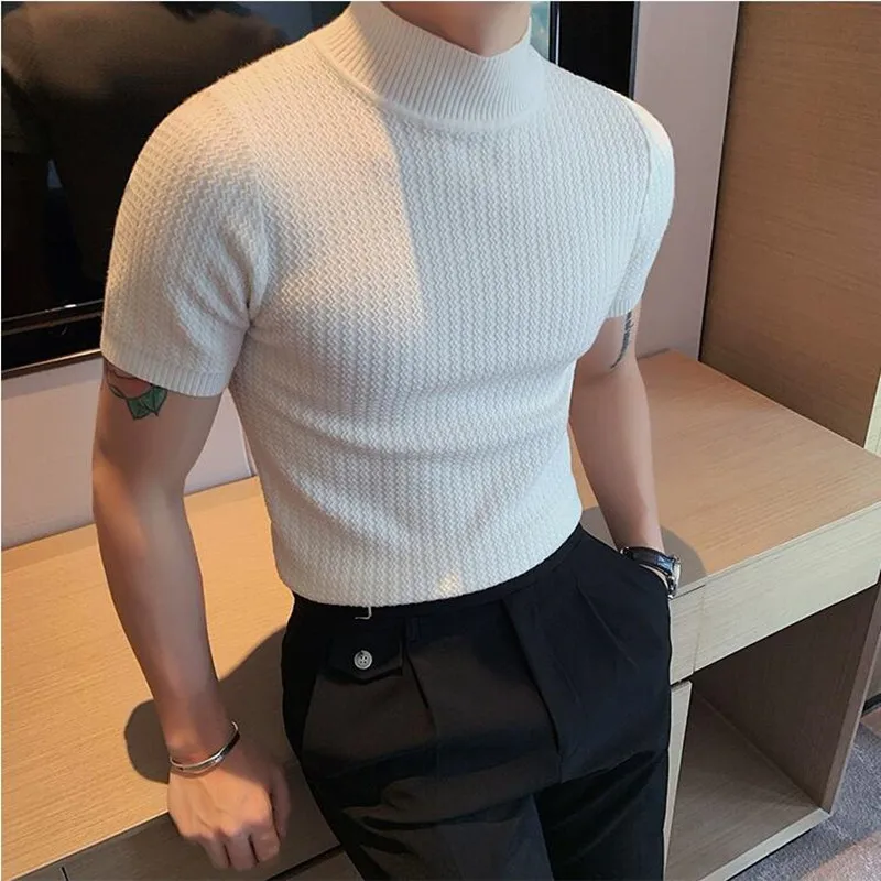 2024 Frühling Herbst neue Roll kragen pullover für Männer koreanische Luxus Slim Fit lässig gestrickte Kurzarm pullover plus Größe 4xl-m