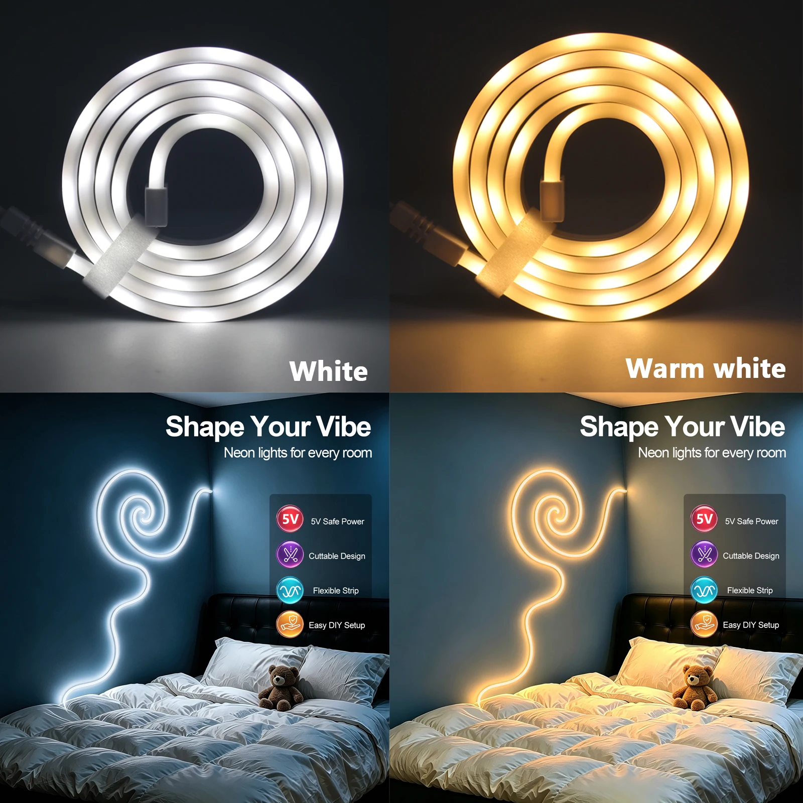 5V Neon LED Strip Light 4key Switch USB Power 1M 2M 3M 5M Dual Color White Warm 90LEDs/M Waterproof Flexible Tape for Home Decor