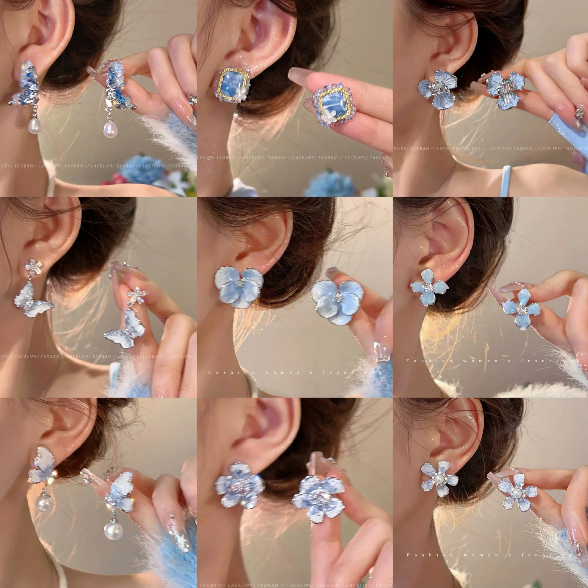 Stud Earrings Blue Crystal Butterfly Flower Delicate Fresh Minimalist  Hypoallergenic Silver Post Office Daily Party Gift Women