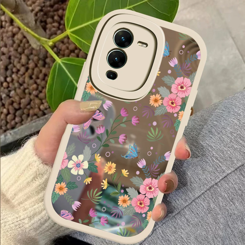 Floral Soft Frame Mirror Case For Vivo V27E V25 Pro V25E V23 V23E V15 Pro V11i S15 S12 S1Pro Shockproof Silicon Protective Cover