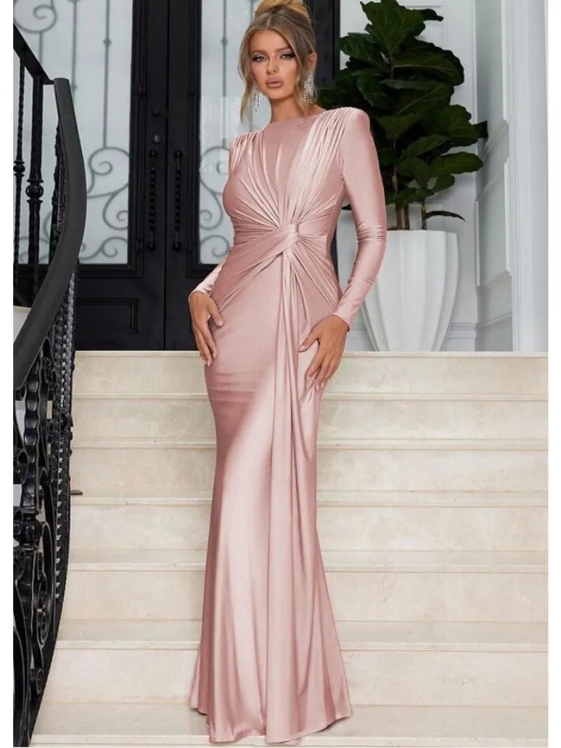 

Pleated Slim Fashion Maxi Dress for Women Elegant High Waist Long Sleeve Bandage Autumn Dress Ladies Evening Dress