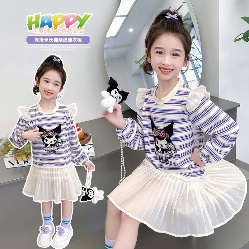 

Autumn Sweet Kuromi Long Sleeve Striped Dress Long Doll Pendant Clothing Cute Children Cotton Hooded Skirt Gifts for Girls