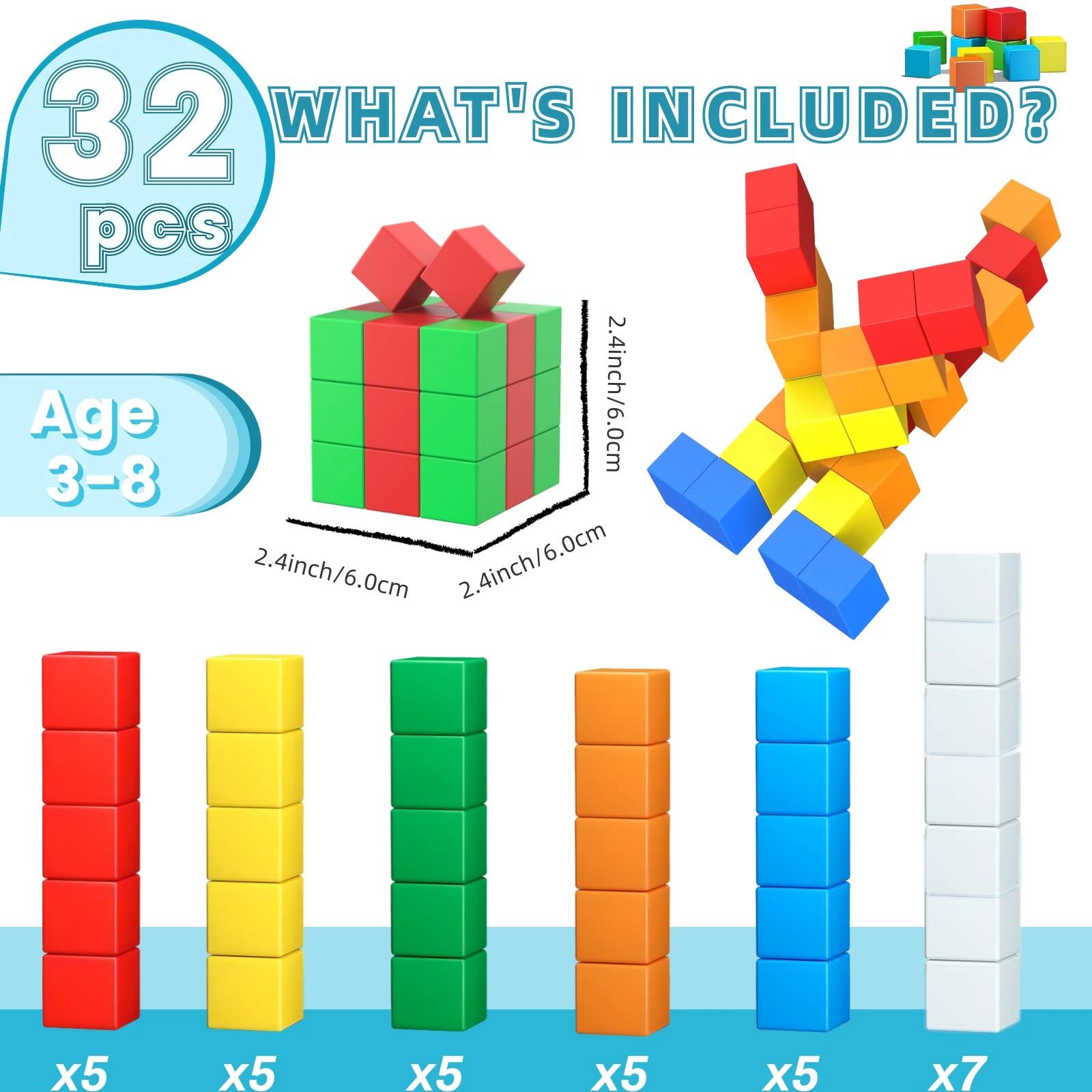 32 Pieces Magnetic Cube Building Blocks for 3 4 5 6 7 8+Years Old Boys and Girls Educational Sensory Toys.