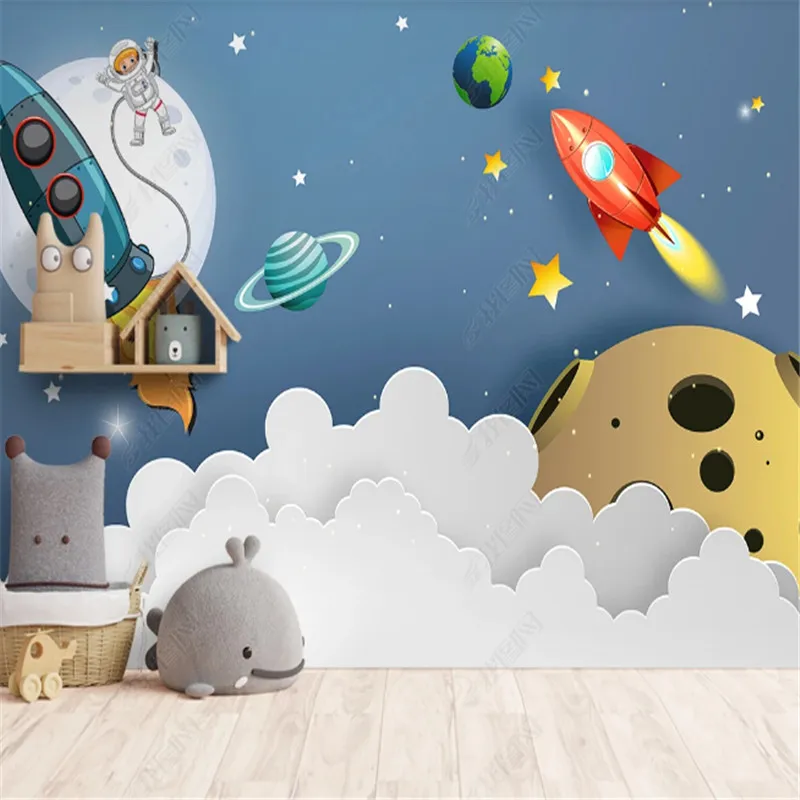 

3D Space Rocket Planet Wallpaper for Kid's Room Satellite Astronaut Children's Room Background Murals Wall Papers Home Decor