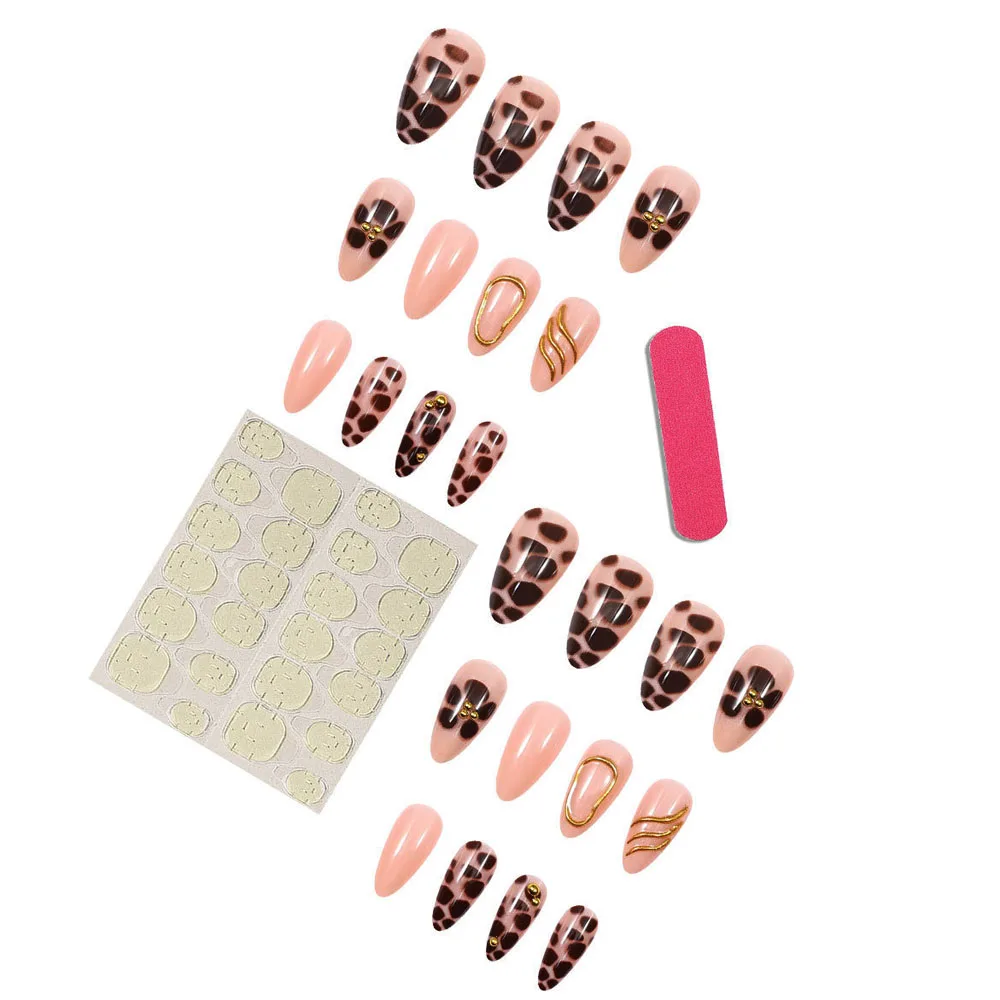 24PCS Press On Acyrlic Nails Leopard Flower Design Fake Nails Long Almond 3D Golden Stripes Decor French False Nails Removable