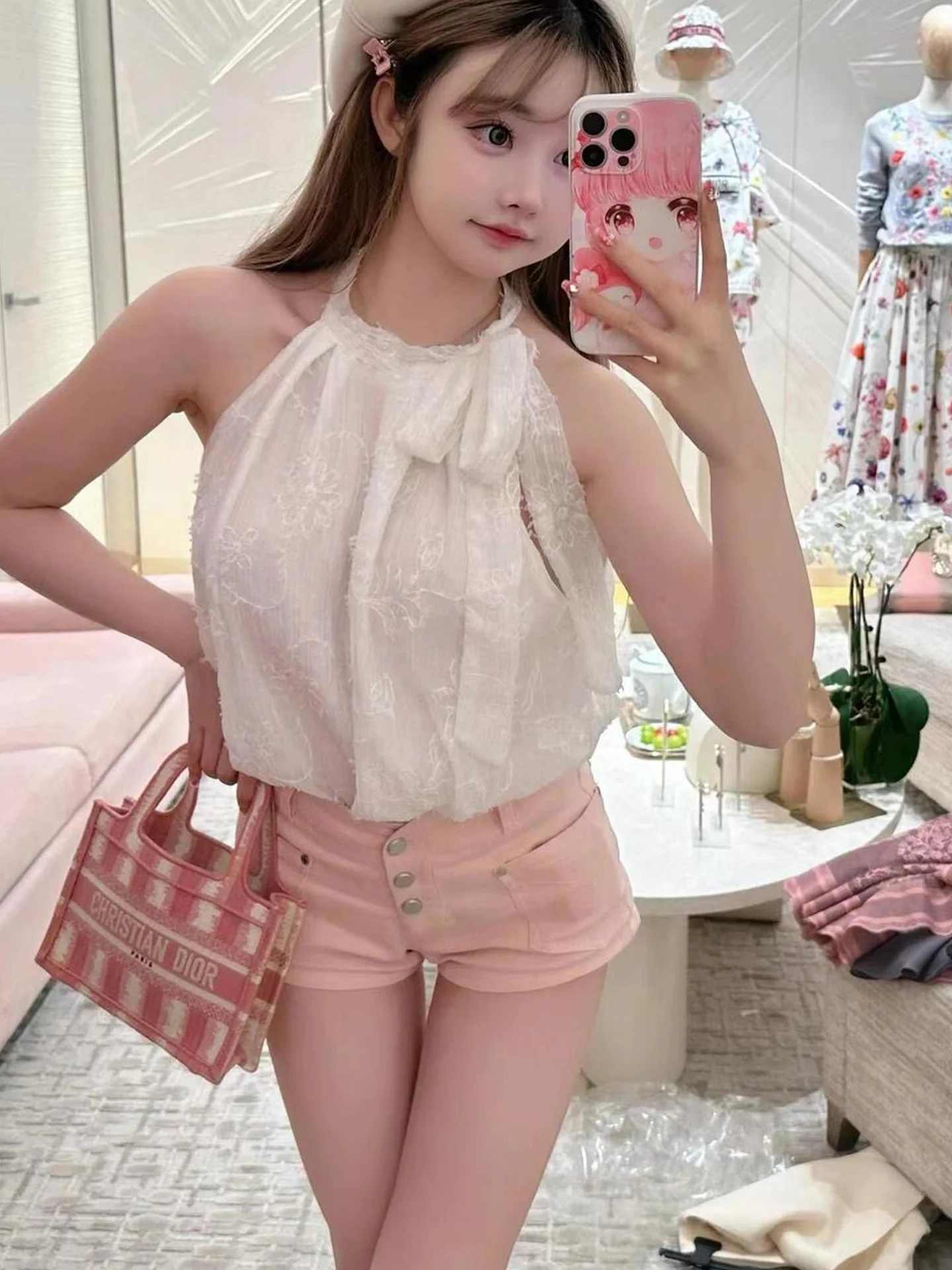 

High Waist Pink Denim Shorts Women's Summer New Elastic Slimming Individual Buttoned Wrap around Tight Straight Leg Jeans