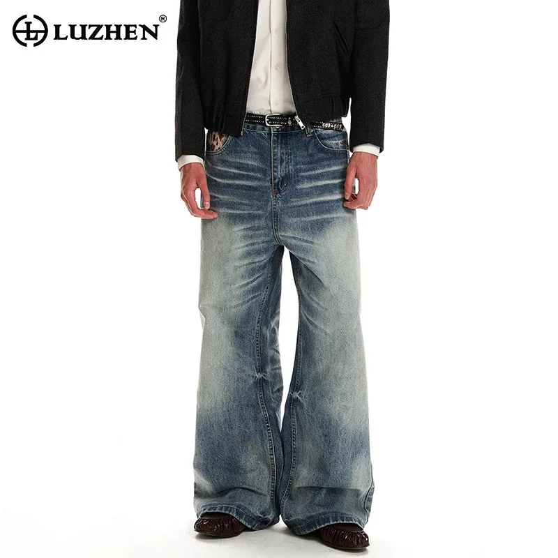 LUZHEN 2026 New Gradient Washed Leopard Print Patchwork Pockets Straight Jeans Men Fashion Handsome Wide Leg Denim Pants JY9382