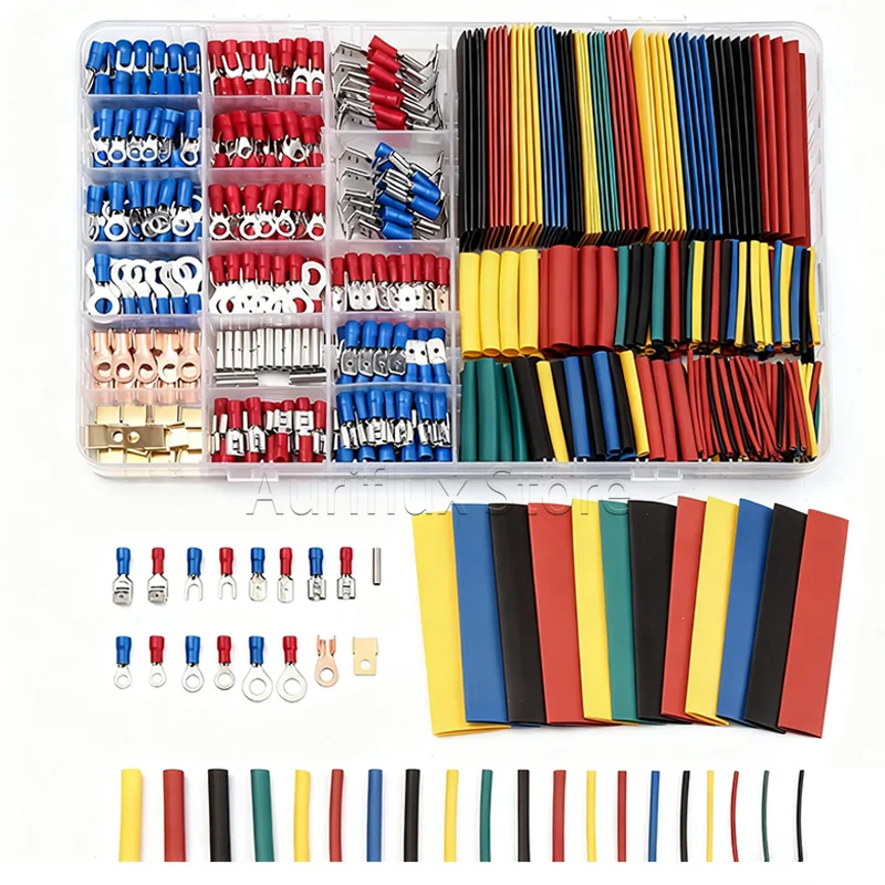 678pcs Cold-Press Terminal Butt, Ring, Spade Connectors Wire Terminal Kit Heat-shrinkable Tubing Assorted for Wiring Repairs