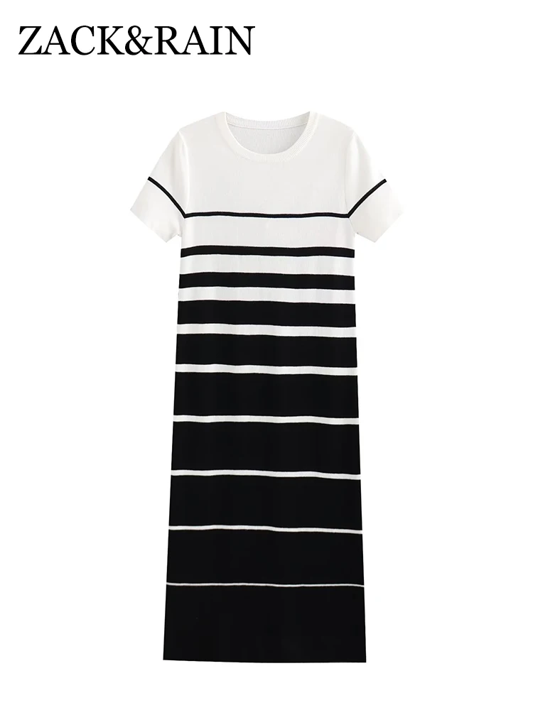 ZACK RAIN Women Knitted Round Neck Striped Gradient Long Dress 2023 Summer Vintage Dress Vacation Casual Slim Female Chic Dress