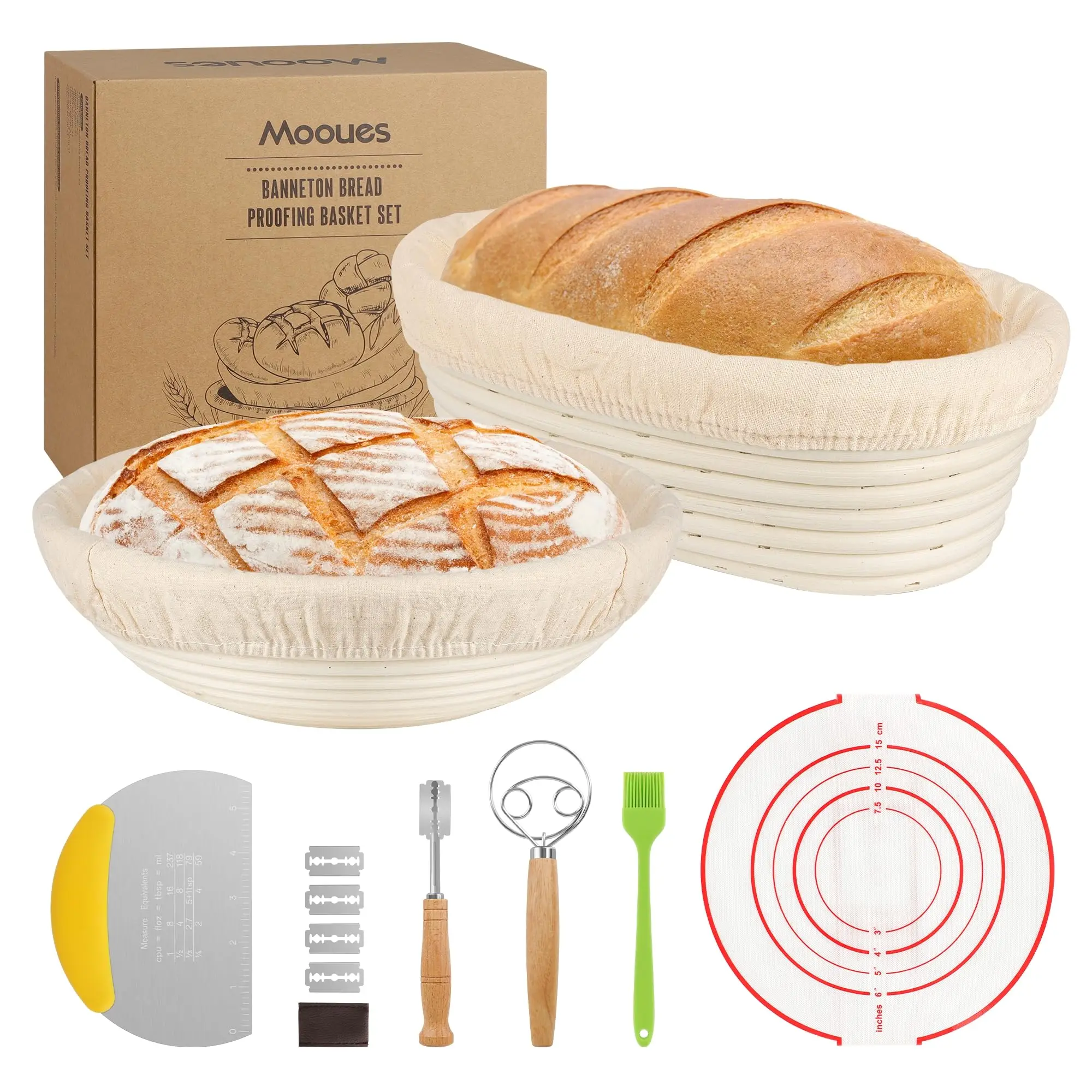 Bread Guard Basket Set,25.4cm Oval and 22.8cm Round Banner Basket,Linen Lining,Bread Cake,Danish Dough Whisk,Dough Scraper Set