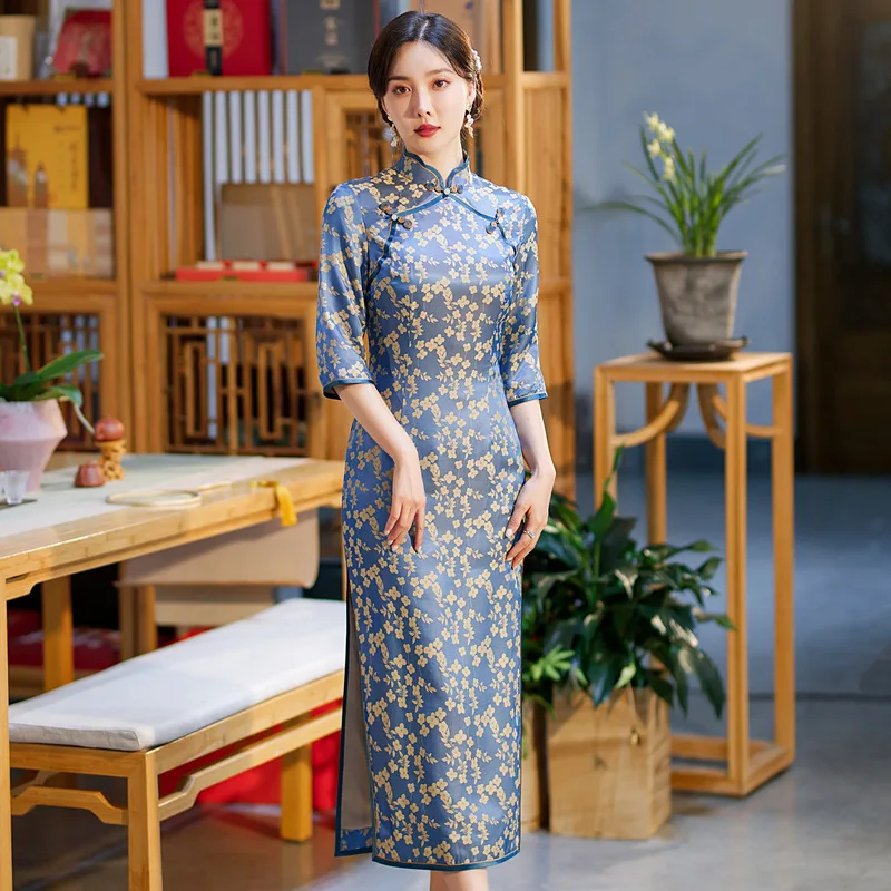 High-End Cheongsam Qipao Retro Cropped Sleeves Quality Real Silk Dress  Chinese Chi-Pao