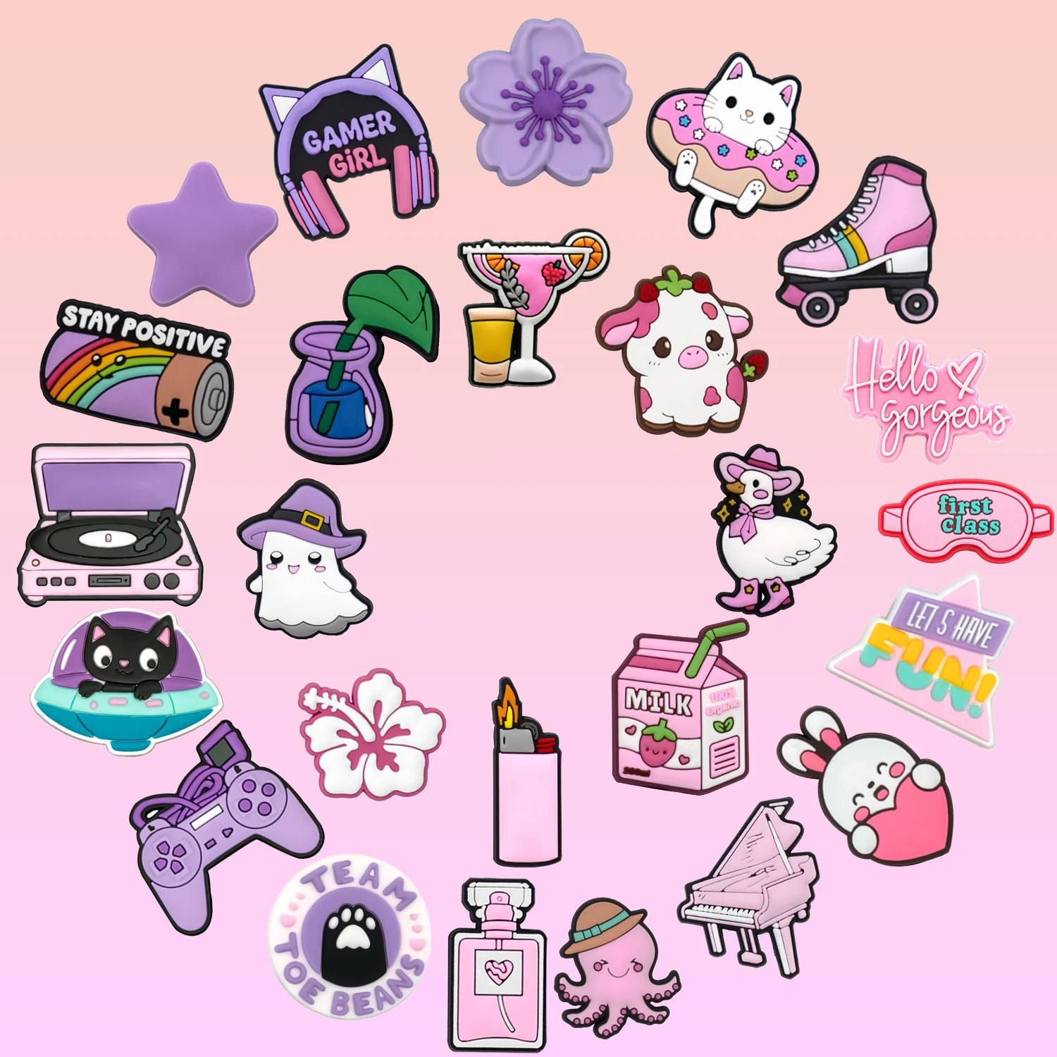 

1/25pcs Purple Cat Flower Pentagram Game Controller Shoe Decoration Charms Pink Cow Milk Perfume Shoe Decoration for Sandals Clo