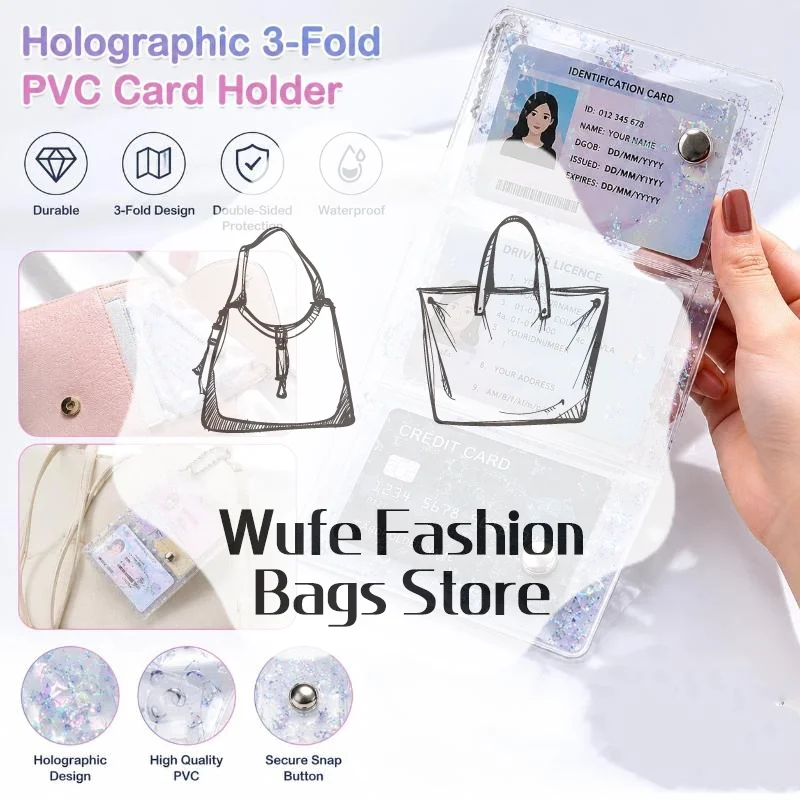 Star Glitter Clear Three Fold PVC Card Holder Mini Snap Coin Purse With Bead Chain Keyring For ID Card Daily Storage Gift