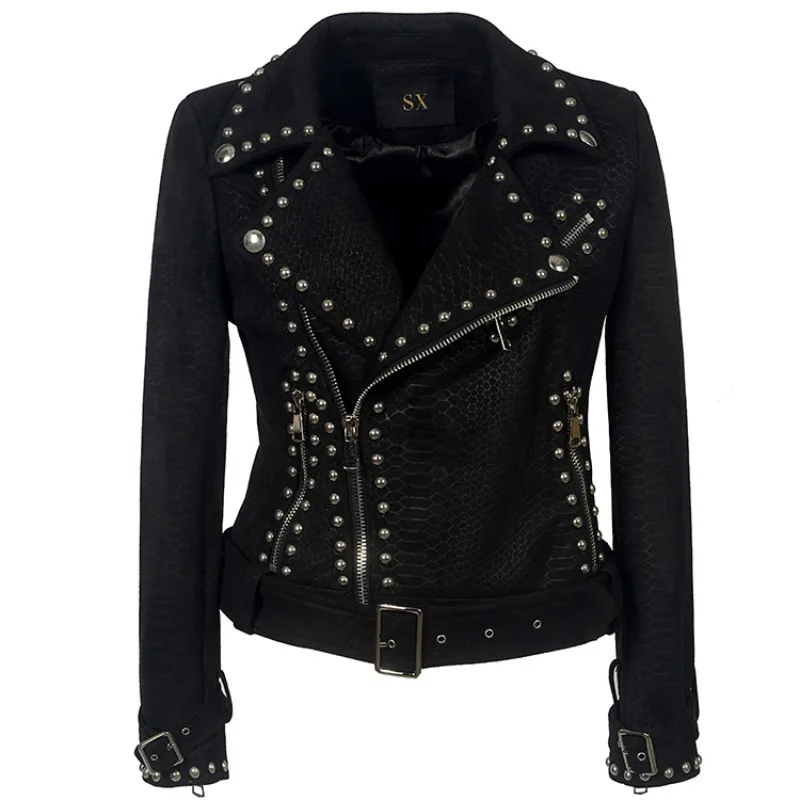 

Lapel Zipper Leather Jacket Handsome Punk Rivet Deerskin Fleece Jacket Women's Motorcycle Suit